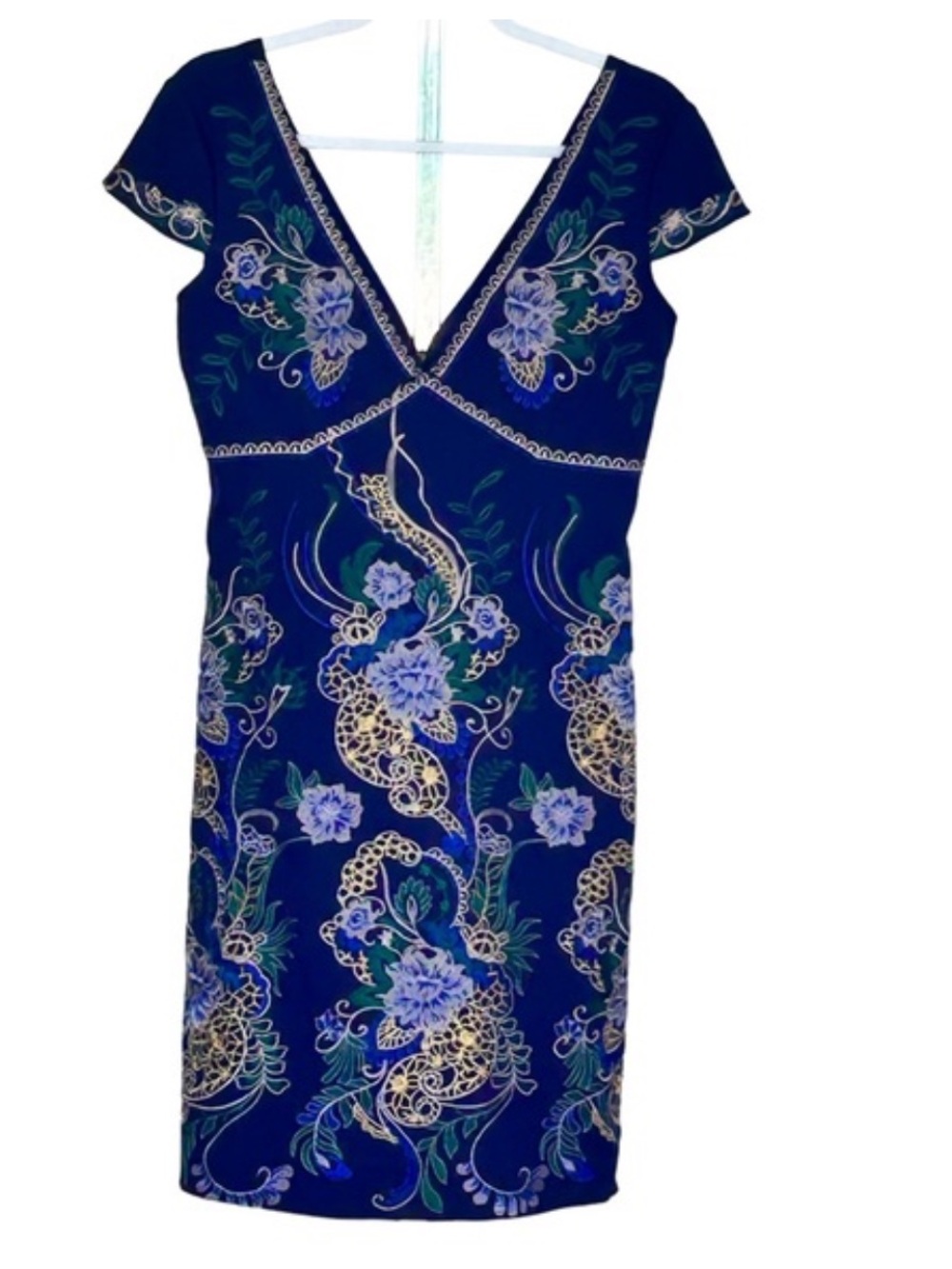 Foxiedox Navy Floral Embroidered V-Neck Midi Dress With Gold Accents Sz S